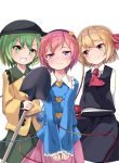  3girls :d arai_togami arms_behind_back black_skirt black_vest blonde_hair blue_shirt blush brown_eyes collar collared_shirt cowboy_shot cravat frilled_collar frilled_sleeves frills green_eyes green_hair green_skirt hairband hat head_tilt heart highres holding komeiji_koishi komeiji_satori long_sleeves multiple_girls open_mouth pink_hair pink_skirt rumia shirt short_hair simple_background skirt smile standing sweatdrop third_eye touhou v_arms vest violet_eyes white_background white_shirt yellow_shirt 