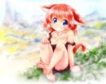  1girl animal_ears bare_shoulders barefoot blue_eyes blush breasts cat_ears cat_tail cleavage dress feet grin original redhead rokuroubuna short_hair smile soles solo tail toes 