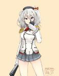  1girl binoculars breasts dated epaulettes gloves grey_eyes grey_hair hat kantai_collection kashima_(kantai_collection) looking_at_viewer military military_uniform open_mouth pleated_skirt raki_(kuroe) simple_background skirt twitter_username two_side_up uniform walkie-talkie white_gloves 