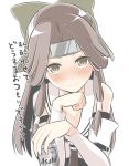  1girl bare_shoulders beer_can blush brown_eyes brown_hair can chin_rest detached_sleeves forehead_protector hachimaki hair_intakes half_updo headband holding_beer holding_can jintsuu_(kantai_collection) kantai_collection long_hair looking_at_viewer masupa_kiriu remodel_(kantai_collection) school_uniform serafuku simple_background smile solo translation_request upper_body white_background 