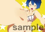  1girl bikini blue_hair blush breasts cleavage closed_eyes highres kamishiro_sui kicking manabebebe open_mouth sample short_hair solo swimsuit tokyo_7th_sisters 