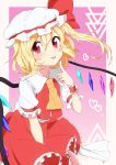  1girl absurdres ascot blonde_hair bow finger_to_mouth flandre_scarlet hat hat_bow heart highres mob_cap red_eyes sash shiori_(aid19815) solo tongue tongue_out touhou wings 