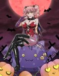  1girl boots bow breasts bridal_gauntlets cleavage commentary_request elbow_gloves fang gloves hair_bow halloween idolmaster idolmaster_cinderella_girls jewelry jougasaki_mika large_breasts looking_at_viewer mabo-udon open_mouth pantyhose pink_hair smile solo thigh-highs thigh_boots twintails yellow_eyes 