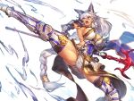  1girl abs animal_ears armored_boots boots braid breasts brown_eyes commentary_request covered_navel gauntlets granblue_fantasy heles holding_weapon kicking large_breasts long_hair metal_boots open_mouth polearm sideboob silver_hair solo teeth temmasa22 thigh-highs thigh_boots thighs trident very_long_hair weapon wolf_ears 