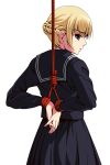  1girl :o arms_behind_back black_serafuku black_shirt black_skirt blonde_hair blush bound bound_arms braid french_braid from_behind green_eyes hands_together highres long_sleeves looking_at_viewer looking_back matsunaga_kouyou original parted_lips red_rope rope sailor_collar school_uniform serafuku shibari shirt short_hair simple_background skirt solo tied_up white_background 