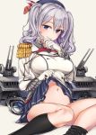  1girl beret black_legwear blue_eyes blush breasts double-breasted epaulettes gloves hat kantai_collection kashima_(kantai_collection) kneehighs looking_at_viewer megumoke navel pleated_skirt sitting skirt skirt_lift smile solo turret twintails white_gloves 