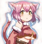  1girl animal_ears breasts cat_ears cat_tail clulu_aluminal crop_top detached_sleeves kanpani_girls pink_hair shaun_(fallenicons) short_hair solo tail under_boob white_background yellow_eyes 