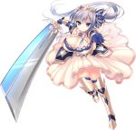  1girl armor blue_eyes breasts bridal_gauntlets cecilia_highland cleavage crown dress full_body hair_ornament highres large_breasts looking_at_viewer love_love_princess shoulder_pads silver_hair simple_background solo sword weapon white_background wori 