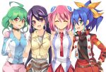  4girls :d ahoge belt blue_hair bow bracelet_girls choker closed_eyes earrings fingerless_gloves gloves green_eyes green_hair hair_bow hiiragi_yuzu jacket jewelry kurosaki_ruri multicolored_hair multiple_girls necktie open_mouth pink_eyes pink_hair ponytail purple_hair rento_(rukeai) rin_(yuu-gi-ou_arc-v) serena_(yuu-gi-ou_arc-v) short_twintails simple_background sleeveless smile twintails two-tone_hair white_background yellow_eyes yuu-gi-ou yuu-gi-ou_arc-v zipper 