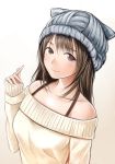  1girl anegasaki_nene animal_hat bare_shoulders blush brown_eyes brown_hair cat_hat collarbone gradient gradient_background hat long_hair long_sleeves looking_at_viewer love_plus mole mole_under_eye nannacy7 off_shoulder simple_background sleeves_past_wrists smile solo strap sweater upper_body white_background 