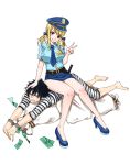  1boy 1girl black_hair blonde_hair blue_ribbon blue_skirt fairy_tail gray_fullbuster hair_ribbon hat looking_at_viewer lucy_heartfilia police police_hat police_uniform ribbon simple_background sitting sitting_on_person skirt smile uniform v white_background yue_(pixiv4635680) 
