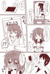  1boy 1girl ^_^ admiral_(kantai_collection) ahoge blush cigarette closed_eyes comic embarrassed hair_ornament hairclip ikazuchi_(kantai_collection) jewelry kantai_collection monochrome naobe009 neckerchief open_collar open_mouth popped_collar ring school_uniform serafuku short_hair skirt sleeping smartphone_case smile smoking translation_request wedding_band 