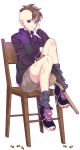  1boy aqua_eyes blood brown_hair chair fudou_akio gun highres inazuma_eleven inazuma_eleven_(series) injury male_focus shell_casing shoes short_hair shorts simple_background sitting solo tete_(tetenim) weapon weapon_request white_background 