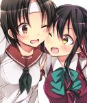  2girls :d arm_over_shoulder black_hair bowtie cheek-to-cheek fang headband kantai_collection long_hair looking_at_another multicolored_hair multiple_girls naganami_(kantai_collection) nagara_(kantai_collection) neckerchief one_eye_closed open_mouth pink_hair sailor_collar school_uniform serafuku short_hair sk02 smile two-tone_hair upper_body wavy_hair white_background 