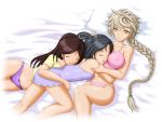  3girls alternate_costume amagi_(kantai_collection) asymmetrical_hair bed_sheet black_hair braid breasts brown_hair closed_eyes commentary_request covered_nipples crop_top hug hug_from_behind kantai_collection katsuragi_(kantai_collection) large_breasts light_smile long_hair looking_at_another lying_on_person midriff multiple_girls open_mouth parted_lips patting_head ponytail shiba_cyon silver_hair single_braid sleepwear unryuu_(kantai_collection) very_long_hair yellow_eyes 