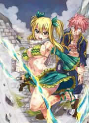  1boy 1girl bikini_top blonde_hair breasts brown_eyes detached_sleeves fairy_tail green_ribbon green_skirt hair_ribbon lucy_heartfilia natsu_dragneel open_mouth pink_hair ribbon scarf sideboob skirt spiky_hair under_boob 