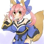  1girl animal_ears bow breasts caster_(fate/extra) cleavage detached_sleeves fate/extra fate_(series) fox_ears fox_tail hair_ribbon hekikuu_(kanaderuyume) pink_hair ribbon sketch solo tail twintails yellow_eyes 