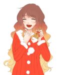  1girl bell brown_hair closed_eyes fur_trim gradient_hair hijiri_byakuren long_hair long_sleeves mayoln multicolored_hair open_mouth pom_pom_(clothes) ribbed_sweater santa_costume smile solo sweater touhou upper_body white_background 
