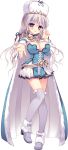  1girl anastasia_imperator_erland blush breasts cape cleavage full_body hat highres large_breasts long_hair looking_at_viewer love_love_princess pleated_skirt silver_hair simple_background skirt solo thigh-highs very_long_hair violet_eyes white_background wori zettai_ryouiki 
