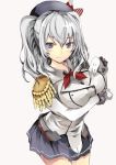  1girl atoshi breast_lift breasts cowboy_shot epaulettes gloves grey_eyes hat jacket kantai_collection kashima_(kantai_collection) large_breasts long_sleeves military military_uniform silver_hair skirt smile solo twintails uniform white_gloves 