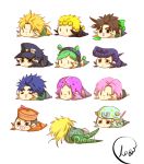  2girls 6+boys :3 blonde_hair braid brown_hair chain chibi closed_eyes diavolo diego_brando dio_brando dixie_cup_hat double_bun giorno_giovanna green_hair hagino_maru hat higashikata_jousuke higashikata_jousuke_(jojolion) horseshoe johnny_joestar jojo_no_kimyou_na_bouken jojolion jonathan_joestar joseph_joestar_(young) kuujou_jolyne kuujou_joutarou lying military_hat multicolored_hair multiple_boys multiple_girls on_stomach open_mouth pink_hair pompadour purple_hair scary_monsters_(stand) signature steel_ball_run tail tail_wagging trish_una two-tone_hair 