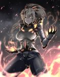  1girl bangs black_sclera blonde_hair breasts closed_mouth cyborg fighting_stance fire frown genderswap genos glowing glowing_eyes hair_ornament highres kurobuchi_numama large_breasts legs_apart long_hair onepunch_man open_fly open_pants pants ponytail shirt sleeveless smoke solo standing t-shirt torn_clothes torn_shirt underbust unzipped yellow_eyes zipper 