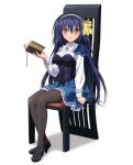  1girl absolute_duo absurdres black_legwear blue_hair blue_skirt book chair hair_ornament highres holding holding_book long_hair looking_at_viewer orange_eyes pantyhose simple_background sitting skirt solo tachibana_tomoe white_background 