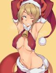  1girl armpits arms_up bell bell_collar blonde_hair blue_eyes breasts collar criss-cross_halter echidna_(p&amp;d) grin halter_top halterneck hat highres lamia midriff monster_girl navel netlk puzzle_&amp;_dragons santa_hat smile solo sweat 