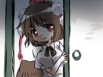  1girl brown_hair commentary_request dress_shirt hammer_(sunset_beach) hat looking_at_viewer open_mouth red_eyes shameimaru_aya shirt short_hair sketch sliding_doors smile solo tokin_hat touhou upper_body wings 