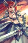  1girl armor breasts character_name cleavage erza_scarlet fairy_tail gauntlets holding_sword holding_weapon long_hair open_mouth red_eyes redhead solo sword tattoo weapon 
