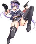  1girl angelica_kamira_erland breasts cleavage eyepatch full_body gun handgun hat highres jewelry large_breasts long_hair long_sleeves looking_at_viewer luger_p08 miniskirt necklace simple_background skirt solo thigh-highs underwear weapon white_background wori yellow_eyes 