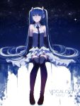  1girl aiko_(kanl) blue_eyes blue_hair character_name collar copyright_name dress hatsune_miku headset highres long_hair necktie sitting sky solo star_(sky) starry_sky thigh-highs twintails very_long_hair vocaloid 