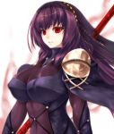  1girl absurdres bodysuit breasts covered_navel fate/grand_order fate_(series) glowing hair_ornament highres long_hair looking_at_viewer nrrr pauldrons polearm purple_hair red_eyes scathach_(fate/grand_order) solo spear very_long_hair weapon 