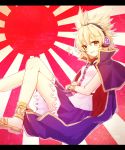  1girl anklet arm_rest blonde_hair bracelet cape crossed_legs earmuffs egasumi gold grin honotai japan jewelry legs letterboxed looking_at_viewer pink_shirt purple_skirt shirt short_hair skirt sleeveless slippers small_breasts smile solo sparkle spiky_hair sunburst thighs touhou toyosatomimi_no_miko yellow_eyes 