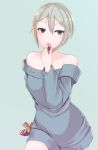  1girl bare_shoulders black_eyes blonde_hair chocolate idolmaster idolmaster_cinderella_girls johnny_funamushi looking_at_viewer shiomi_shuuko short_hair solo sweater 