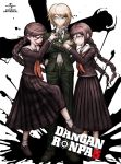  1boy belt blonde_hair braid brown_hair cover dangan_ronpa dangan_ronpa_1 dvd_cover fukawa_touko genocider_shou glasses green_eyes highres komatsuzaki_rui loafers long_hair long_skirt long_tongue mole mole_under_mouth multiple_girls official_art pants red_eyes school_uniform scissors serafuku shoes short_hair skirt smile socks spoilers togami_byakuya tongue tongue_out white_legwear 