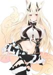  1girl absurdres animal_ears black_legwear blonde_hair blush breasts detached_sleeves fang fox_ears fox_tail highres long_hair looking_at_viewer midriff navel original panties panty_pull red_eyes ricci simple_background skirt smile solo tail thigh-highs underwear white_panties 