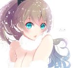  1girl :o bare_shoulders black_ribbon blue_eyes blush breasts cleavage dated fur_trim hair_ribbon highres kantai_collection kumano_(kantai_collection) long_hair looking_at_viewer open_mouth ponytail ribbon scarf signature snowflakes snowing solo tbd11 upper_body white_scarf 