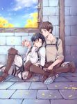  2boys aqua_eyes black_hair blue_sky blush boots brown_boots brown_hair closed_eyes cravat eren_jaeger indian_style indoors knee_boots knee_up leaning_on_person levi_(shingeki_no_kyojin) long_sleeves looking_at_another male_focus multiple_boys on_floor pants petals shingeki_no_kyojin shirt shoe_soles sichol-bell sitting sky sleeping sleeping_on_person sleeves_pushed_up stone_floor stone_wall sweatdrop three-dimensional_maneuver_gear tree wall window yaoi 
