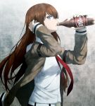  1girl belt blue_eyes bottle brown_hair brown_jacket dr_pepper drink drinking from_side gradient gradient_background grey_background haribote_(tarao) jacket long_hair long_sleeves looking_at_viewer makise_kurisu necktie off_shoulder open_clothes open_jacket red_necktie shirt simple_background solo steins;gate upper_body very_long_hair white_pupil white_shirt 
