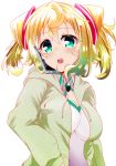  1girl :o blonde_hair blush bompay breasts cellphone cleavage drawstring gradient_hair green_eyes green_hair hacka_doll hacka_doll_1 hoodie looking_at_viewer multicolored_hair open_clothes open_hoodie phone round_teeth simple_background smartphone solo talking_on_phone tareme teeth twintails upper_body 
