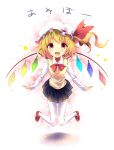  1girl alternate_costume arms_at_sides asymmetrical_wings blonde_hair flandre_scarlet full_body hat highres jumping knees_together_feet_apart long_sleeves looking_at_viewer miniskirt mob_cap pleated_skirt red_eyes red_shoes school_uniform shirt shoes side_ponytail skirt solo sweater_vest thigh-highs touhou uta_(kuroneko) white_legwear white_shirt wings 