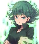  1girl :o absurdres black_shirt blurry blush collar crossed_arms curly_hair dyson_(edaokunnsaikouya) floating_rock green_background green_eyes green_hair highres levitation looking_at_viewer onepunch_man parted_lips shirt short_hair solo tatsumaki upper_body white_background 