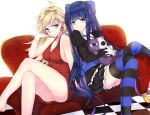  2girls ahoge bangs bare_legs black_dress blonde_hair blue_eyes blue_hair blunt_bangs checkered checkered_floor couch crossed_legs dress earrings highres honekoneko_(psg) jewelry long_hair multiple_girls panty_&amp;_stocking_with_garterbelt panty_(psg) red_dress rokukatamari short_dress sitting stocking_(psg) striped striped_legwear stuffed_animal stuffed_toy thigh-highs very_long_hair zettai_ryouiki 