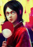  1girl black_hair glasses highres japanese_clothes kimono naruto red-framed_glasses red_eyes short_hair uchiha_sarada 