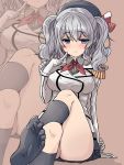  1girl arm_support beret black_legwear blue_eyes blush breasts buttons crossed_legs epaulettes feet finger_to_face gloves grey_eyes grey_skirt hat highres jacket kantai_collection kashima_(kantai_collection) kneehighs kuromu_(underporno) large_breasts military military_uniform miniskirt no_shoes pleated_skirt sidelocks silver_hair sitting skirt smile socks solo twintails uniform wavy_hair zoom_layer 
