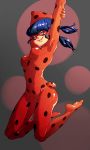  1girl arms_up blue_eyes blue_hair bodysuit breasts covered_nipples domino_mask earrings full_body grin highres jewelry jumping ladybug_(character) long_hair low_twintails magical_girl marinette_cheng mask miraculous_ladybug polka_dot smile solo twintails yabby yo-yo 