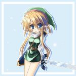  1girl between_breasts blonde_hair blue_eyes blush breasts female genderswap hat link long_hair looking_at_viewer open_mouth pointy_ears solo strap_cleavage sword the_legend_of_zelda weapon yuuji_(itadon) 