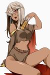  1girl albino bangs between_breasts can coffee dark_skin hair_between_breasts head_tilt koko_shiguma long_hair midriff off_shoulder one_eye_closed open_mouth original red_eyes silver_hair simple_background sitting solo stomach torn_clothes 