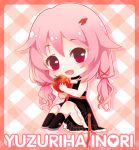  1girl apple bare_shoulders chibi food fruit guilty_crown hair_ornament hairclip kisii long_hair looking_at_viewer open_mouth pink_hair red_eyes sitting solo twintails yuzuriha_inori 